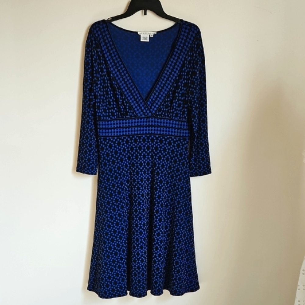 Maggy London Midi Dress Babydoll Blue Black Geo Print Stretch Long Sleeve SZ14